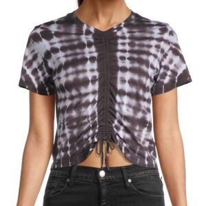 MONROW Tie Dye Drawstring Cropped V-neck Ruched Tee Size S
